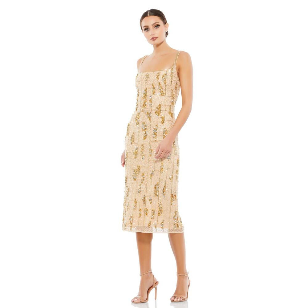 MAC DUGGAL 10770 Beaded Spaghetti Strap Midi Slip Dress Nude Gold 2 NEW